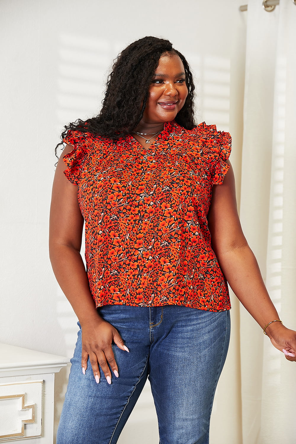 DOUBLE TAKE Floral Flutter Sleeve Notched Neck Blouse. **FALL DEBUT SALE** on Simply Obsessed