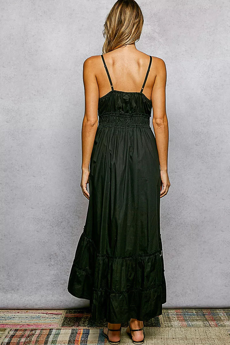 POL Embroidered Detail Tassel Tie Smocked Waist Midi Tiered Cami Dress on Simply Obsessed
