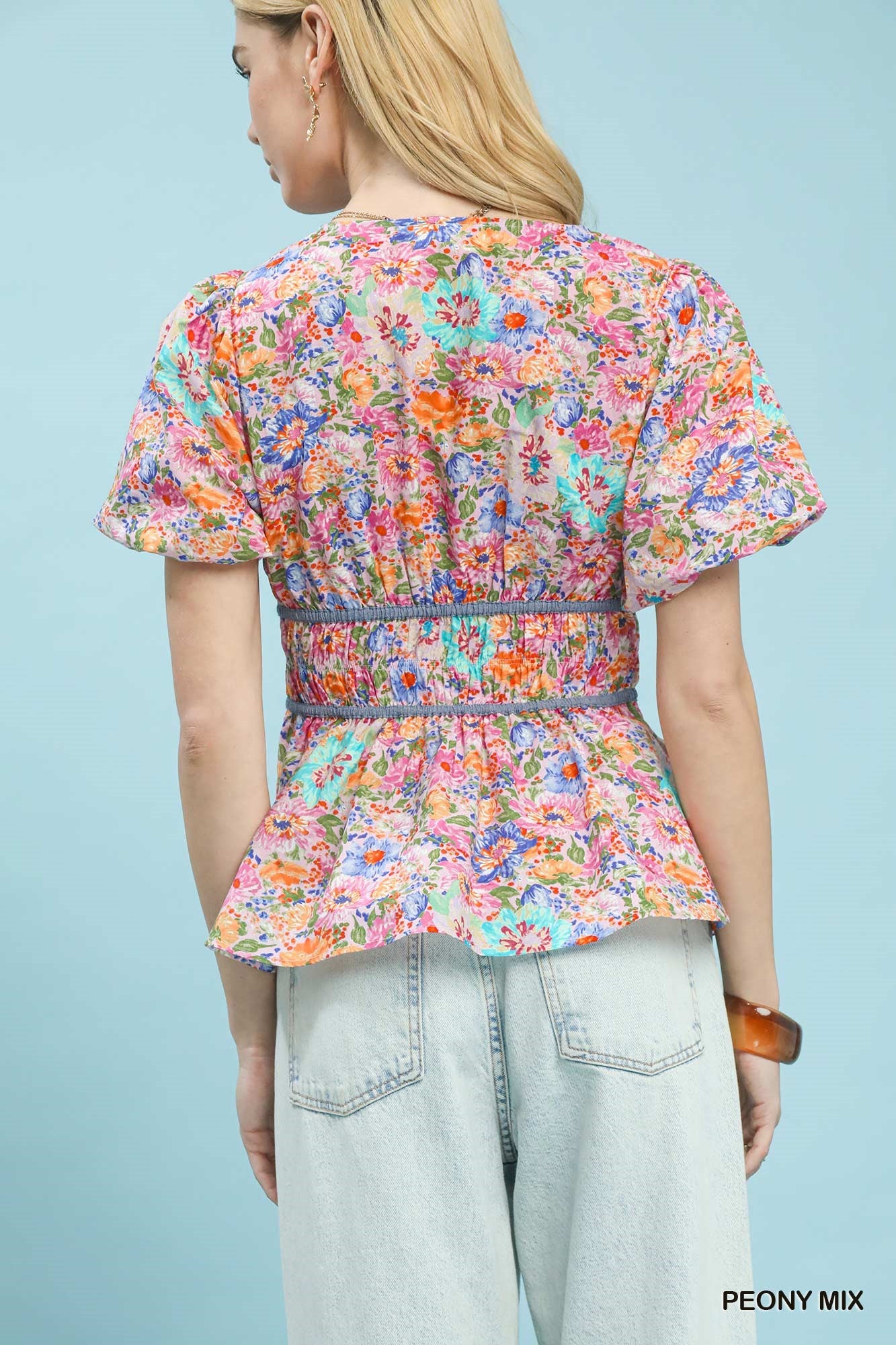 UMGEE Mix Floral Smocked Waist Blouse on Simply Obsessed