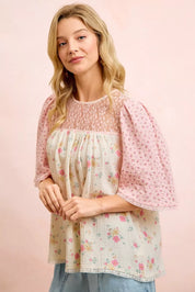 BIBI Crinkle Floral Gauze Mix And Matched Blouse Top on Simply Obsessed