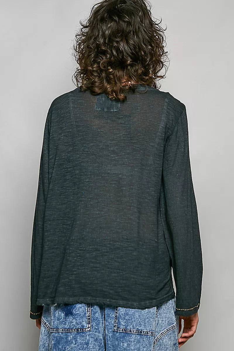 POL Contrast Stitch V-Neck Lightweight Knit Long Sleeve Top on Simply Obsessed