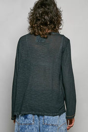 POL Contrast Stitch V-Neck Lightweight Knit Long Sleeve Top on Simply Obsessed