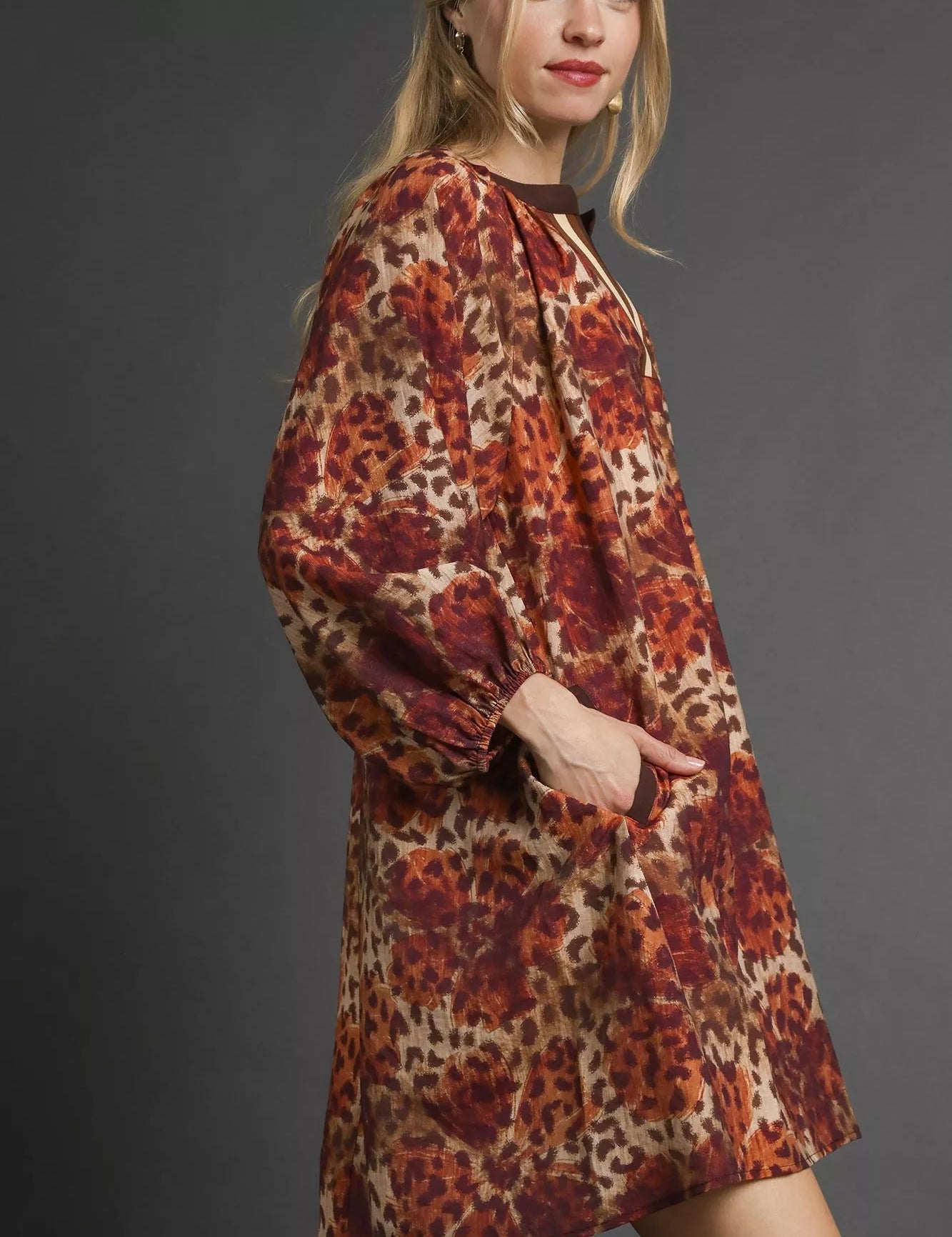 UMGEE Animal Print Boho Tunic Dress with Contrast Trim Detail on Simply Obsessed