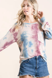 BiBi Tie Dye Print Terry Top With Front Patch Pocket on Simply Obsessed