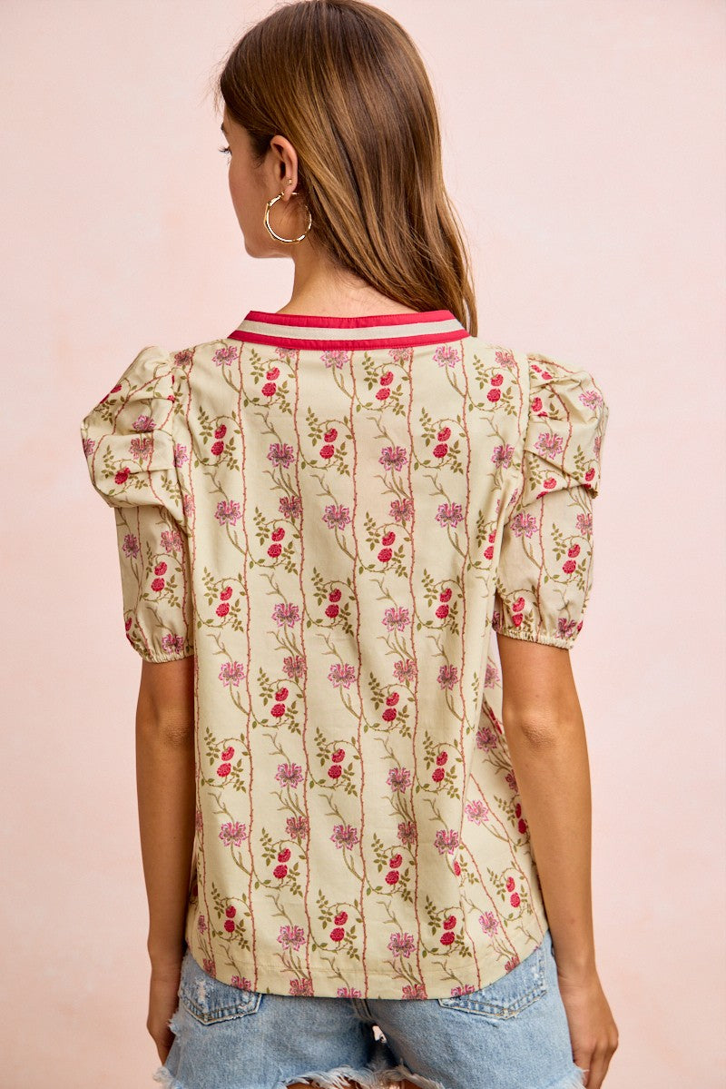 BIBI Floral Gather Sleeves Contrast Neckband Blouse Top on Simply Obsessed