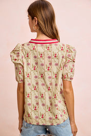BIBI Floral Gather Sleeves Contrast Neckband Blouse Top on Simply Obsessed