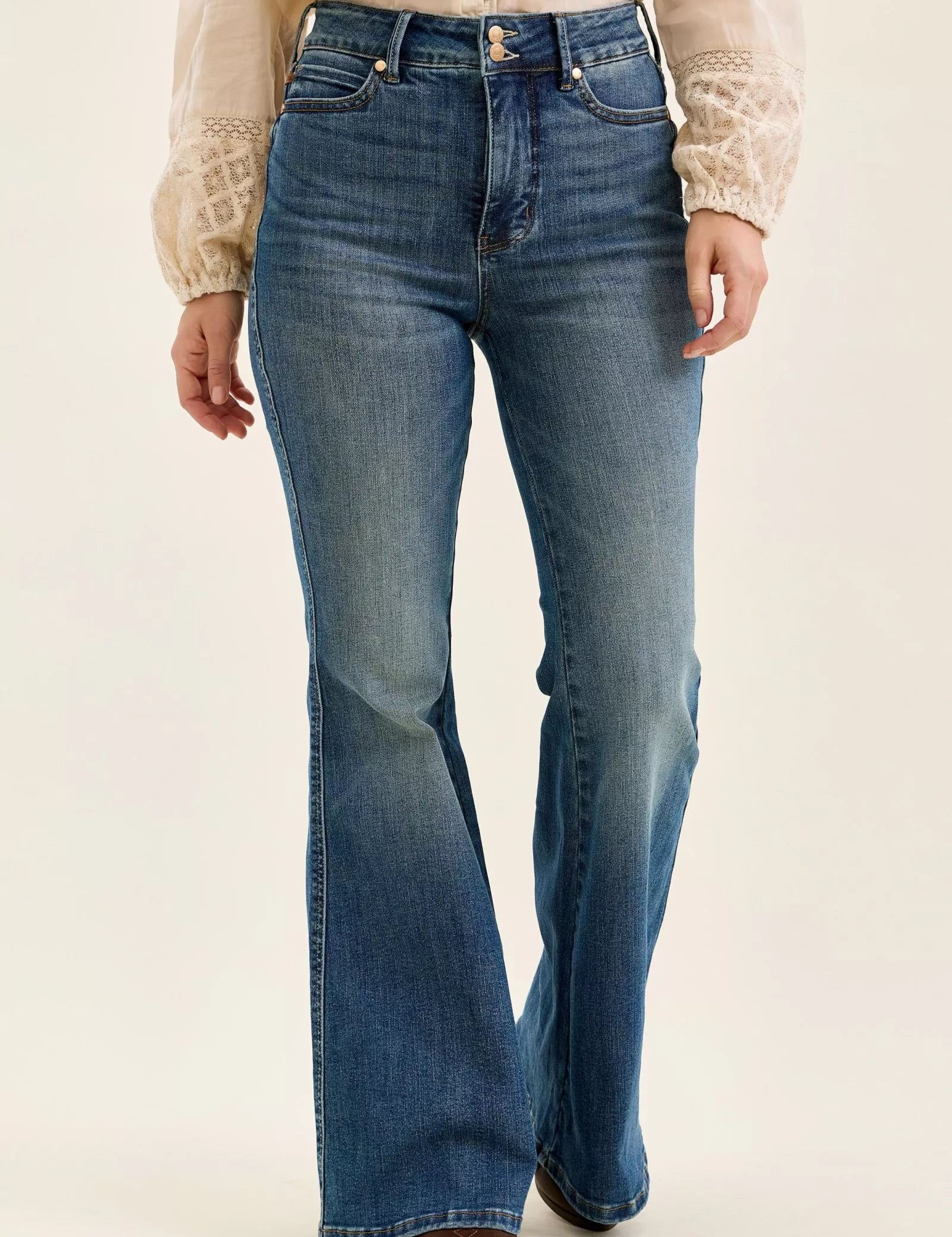 JUDY BLUE High Waist Double Button Tummy Control Flare Jeans on Simply Obsessed