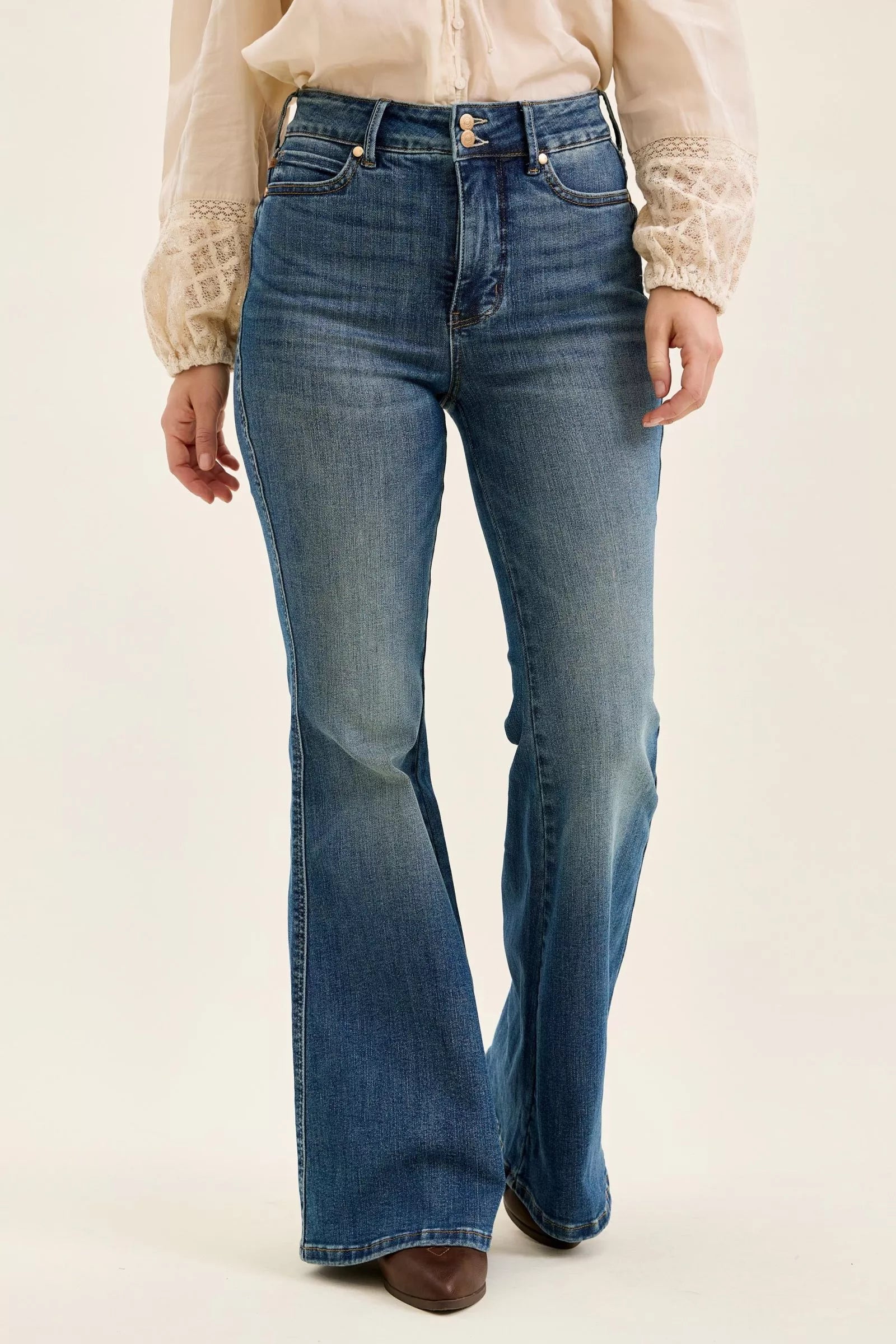 JUDY BLUE High Waist Double Button Tummy Control Flare Jeans on Simply Obsessed