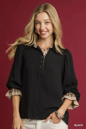 Umgee Half Button Blouse with Leopard Print Trim on Simply Obsessed