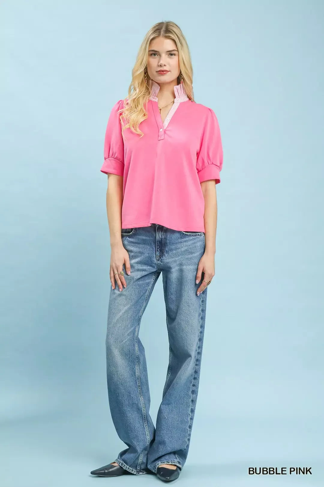 UMGEE Striped Collar Popover Top on Simply Obsessed