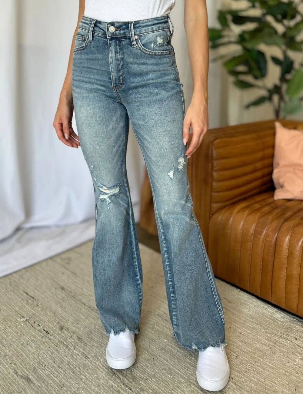 JUDY BLUE Full Size Medium Rise Tummy Control Destroy Flare on Simply Obsessed