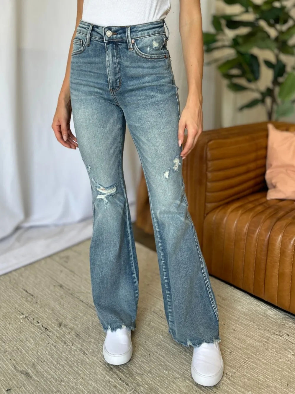 JUDY BLUE Full Size Medium Rise Tummy Control Destroy Flare on Simply Obsessed