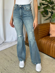 JUDY BLUE Full Size Medium Rise Tummy Control Destroy Flare on Simply Obsessed