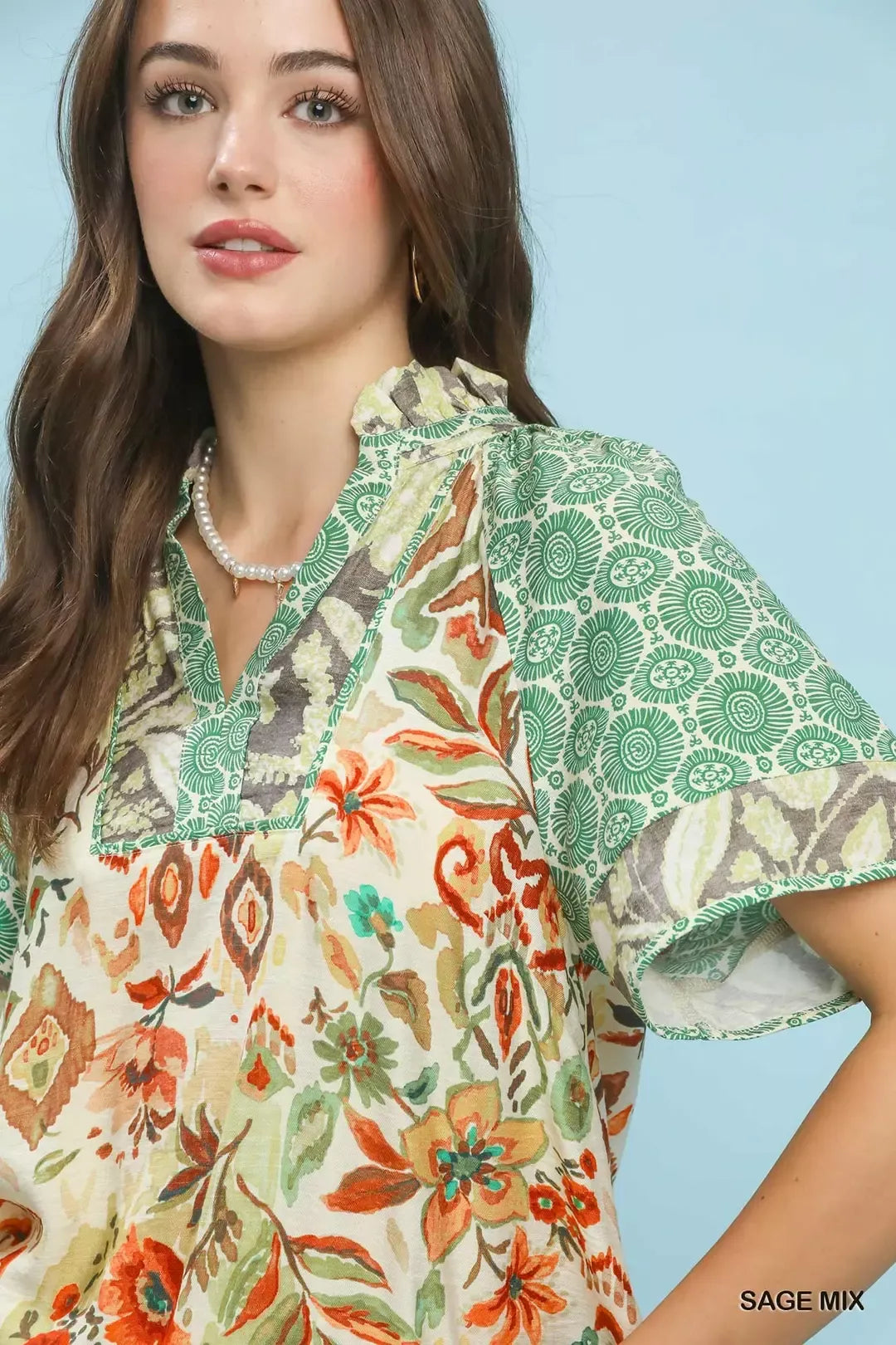 UMGEE Mixed Print V-Neck Short Sleeve Top on Simply Obsessed