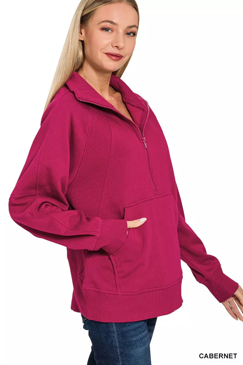 ZENANA Half Zip Fleece Sweatshirt with kangaroo Pocket on Simply Obsessed