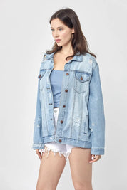 RISEN Full Size Distressed Long Sleeve Denim Jacket Plus Size on Simply Obsessed