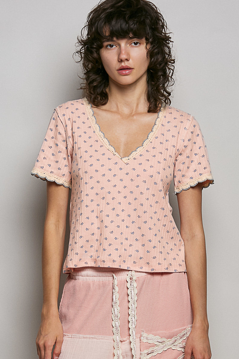 POL Floral V-Neck Short Sleeve Rib T-Shirt on Simply Obsessed