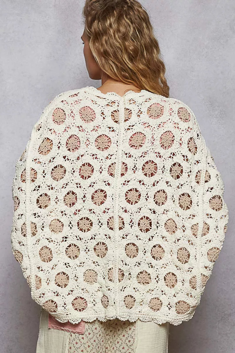 POL Openwork V-Neck Chenille Cardigan with Contrast Floral on Simply Obsessed
