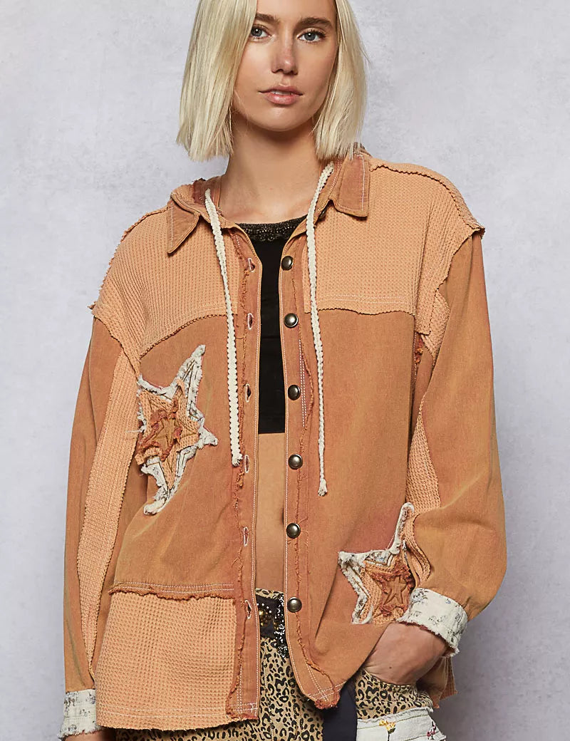 POL Button Down Hooded Jacket with with Star Patch Pattern on Simply Obsessed