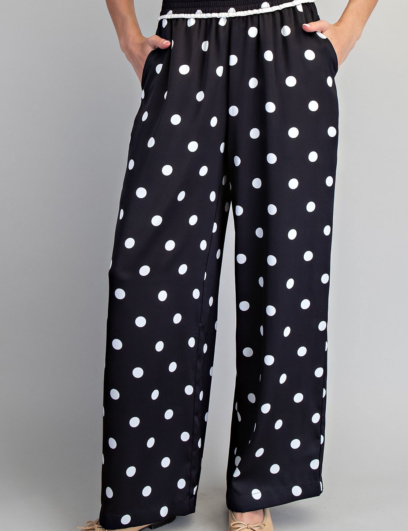 EESOME Polka Dot Printed Satin Pants - BLACK on Simply Obsessed