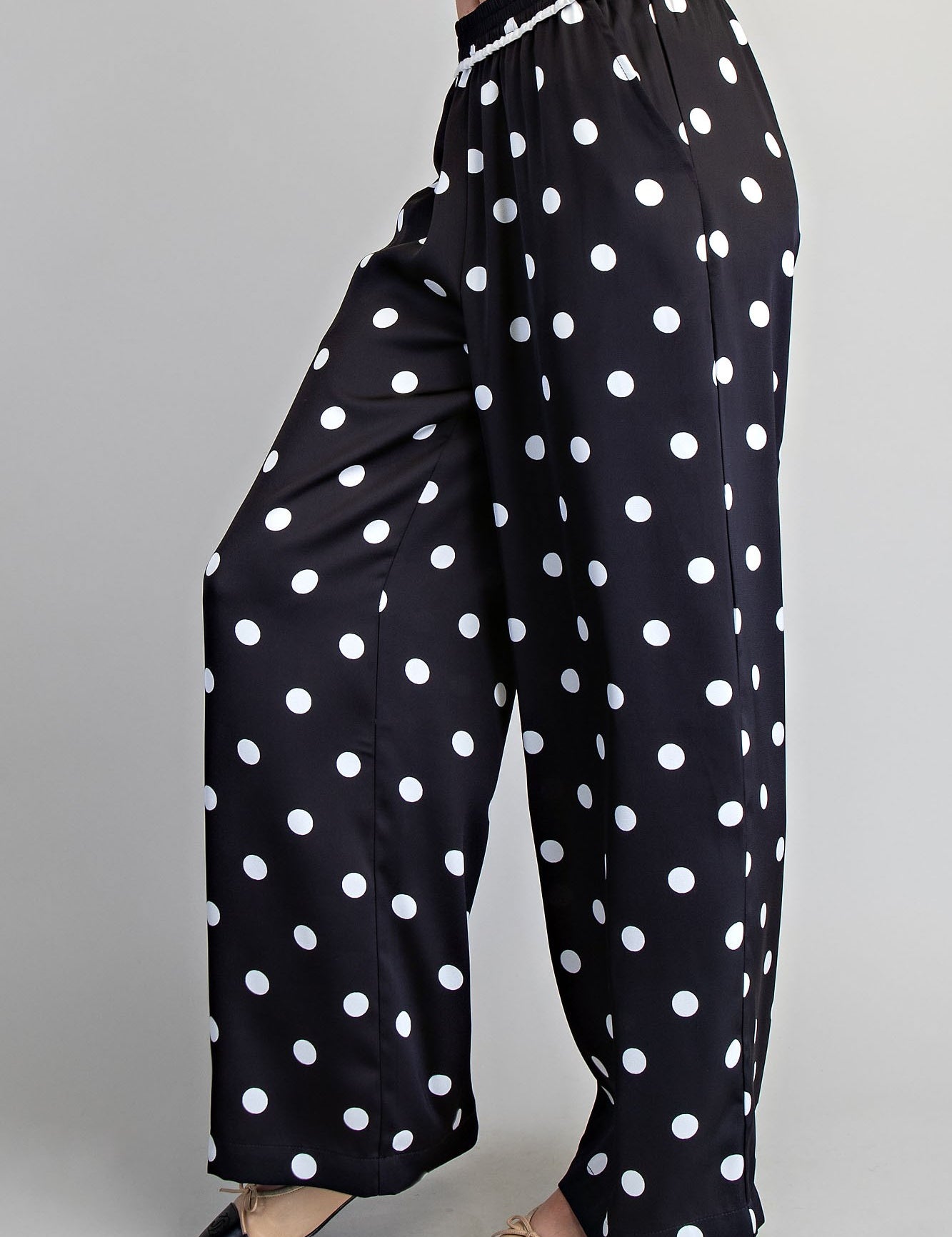 EESOME Polka Dot Printed Satin Pants - BLACK on Simply Obsessed