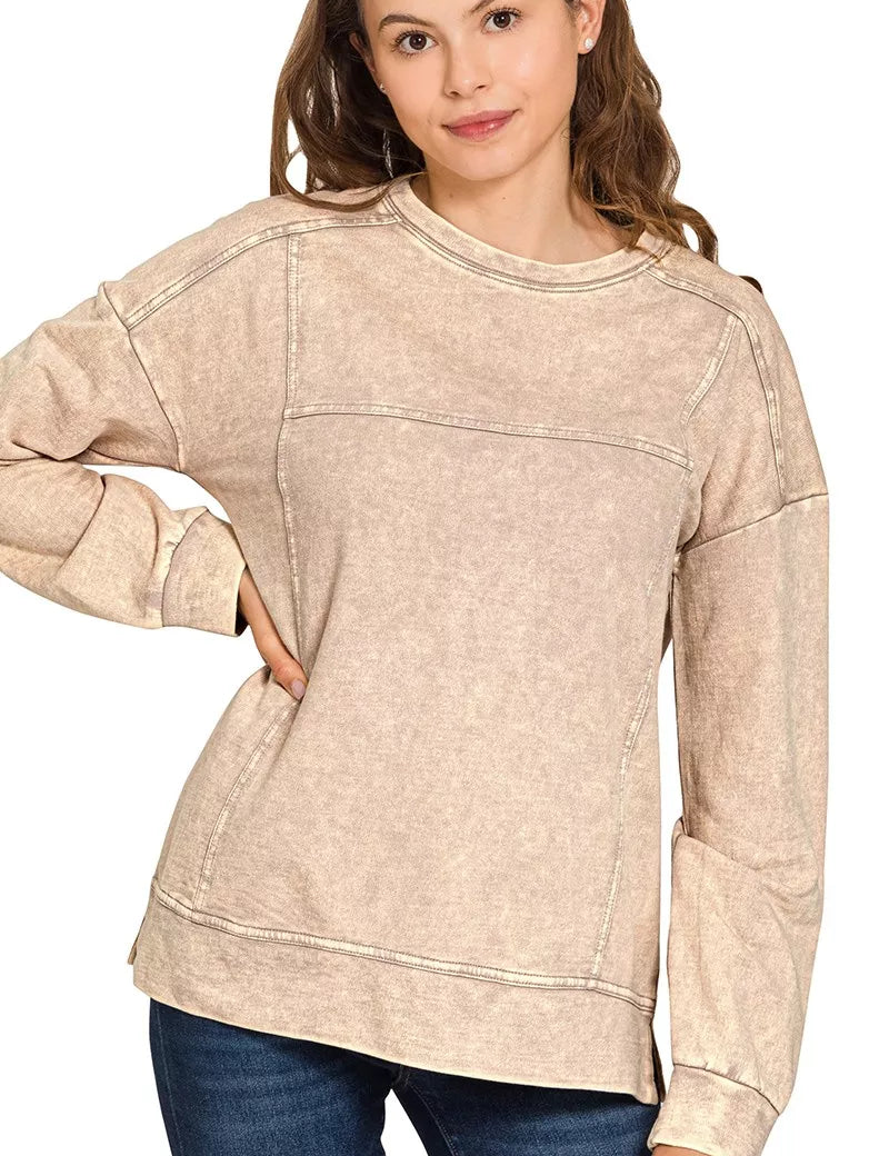 Zenana Acid Wash French Terry Exposed-Seam Pullover on Simply Obsessed