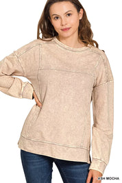 Zenana Acid Wash French Terry Exposed-Seam Pullover on Simply Obsessed