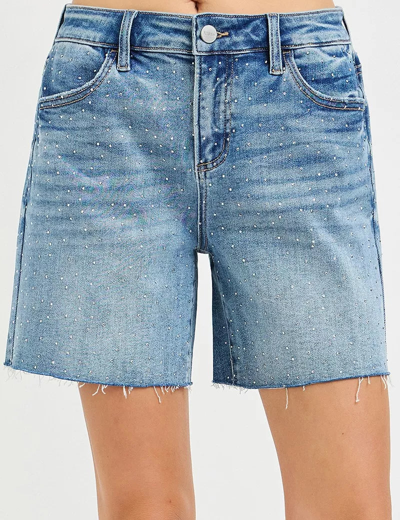RISEN Slouchy Mid Length All Over Rhinestones Shorts on Simply Obsessed