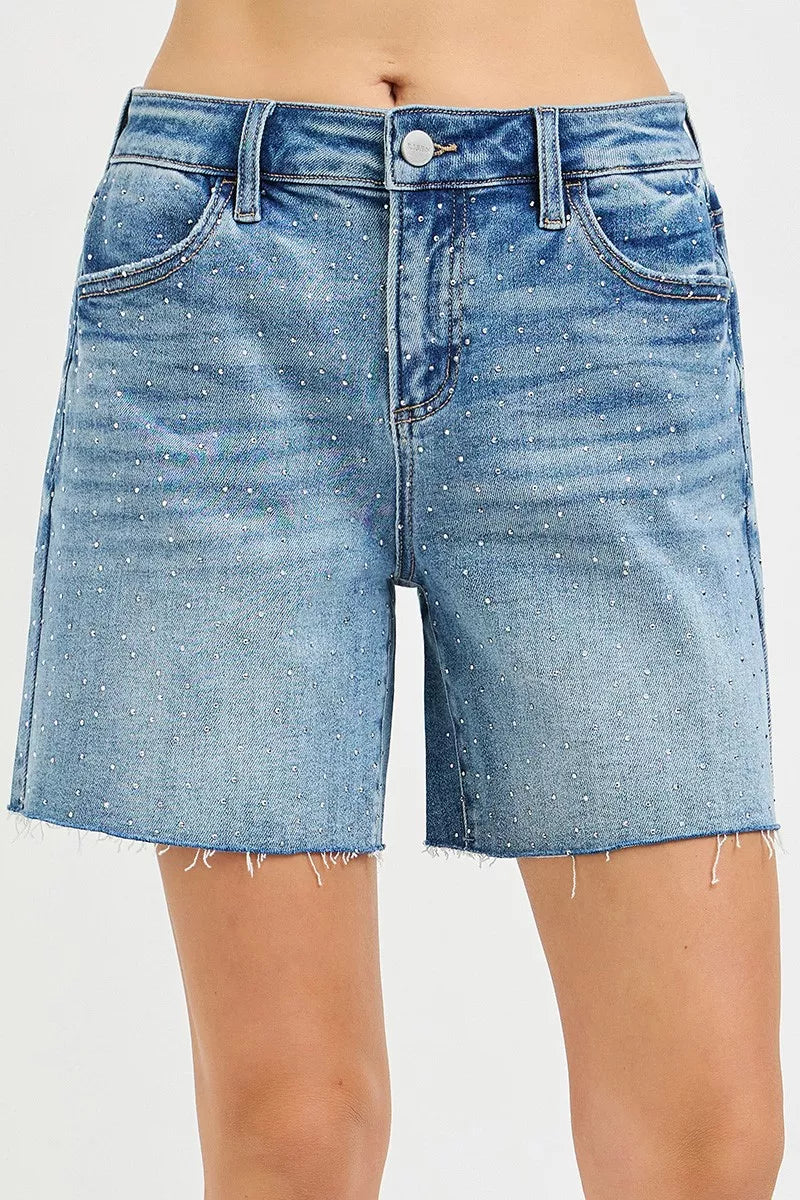 RISEN Slouchy Mid Length All Over Rhinestones Shorts on Simply Obsessed