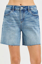 RISEN Slouchy Mid Length All Over Rhinestones Shorts on Simply Obsessed