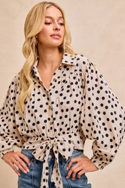 BIBI Polka Dot Print Tie Hem Detail Crop Shirt on Simply Obsessed