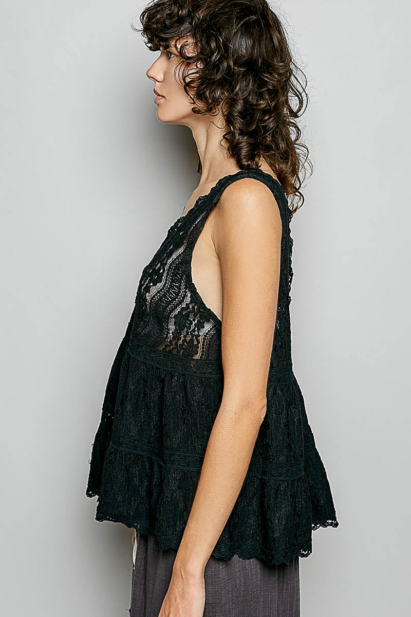 POL Deep V-Neck Scalloped Lace Sleeveless Top on Simply Obsessed