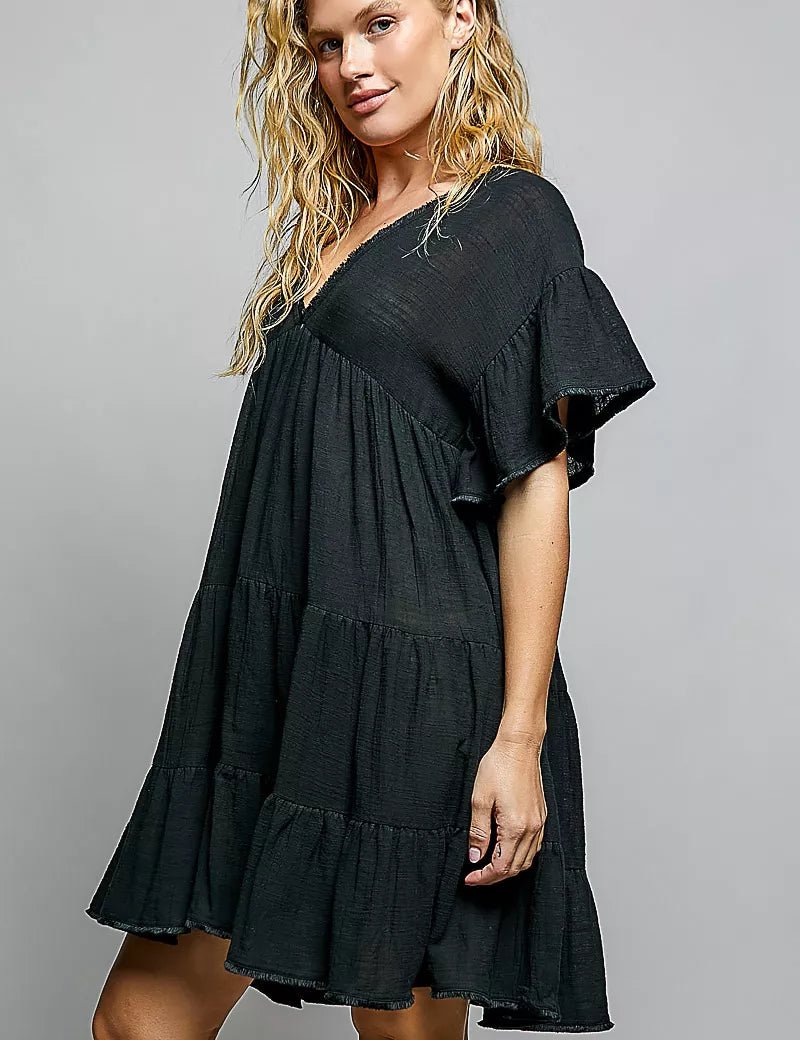 POL Ruffle Shirred V-Neck Short Sleeve Cotton Dress. **FALL DEBUT SALE** on Simply Obsessed