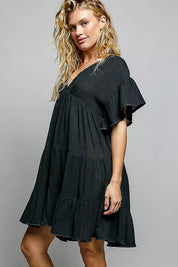 POL Ruffle Shirred V-Neck Short Sleeve Cotton Dress. **FALL DEBUT SALE** on Simply Obsessed