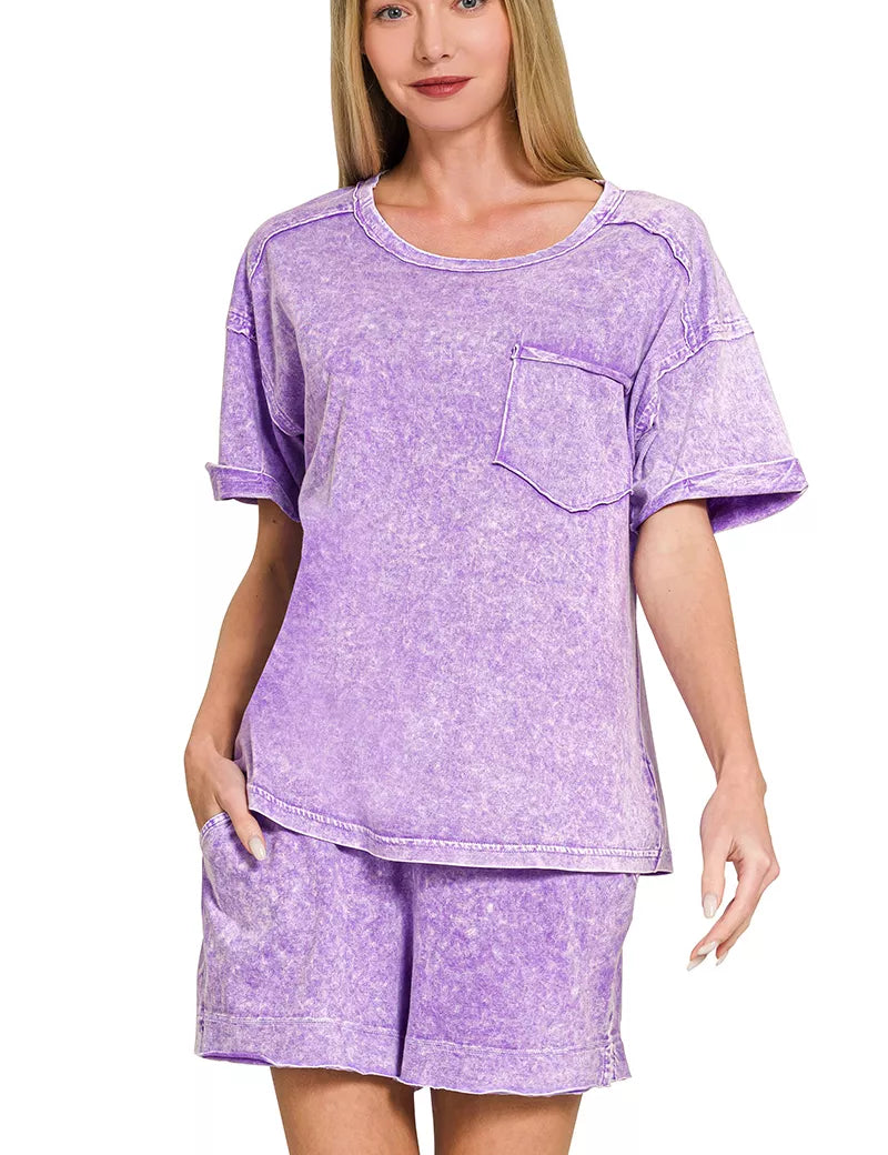 ZENANA Halo Snow Washed Exposed Seam Top & Shorts Set on Simply Obsessed