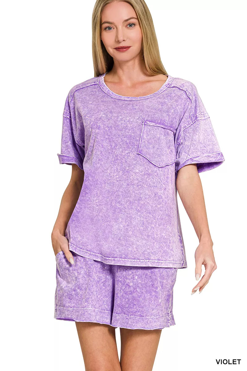 ZENANA Halo Snow Washed Exposed Seam Top & Shorts Set on Simply Obsessed