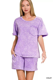 ZENANA Halo Snow Washed Exposed Seam Top & Shorts Set on Simply Obsessed