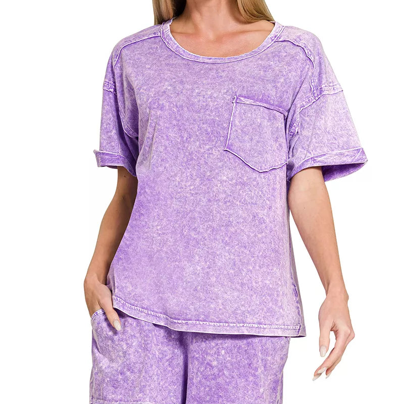 ZENANA Halo Snow Washed Exposed Seam Top & Shorts Set on Simply Obsessed