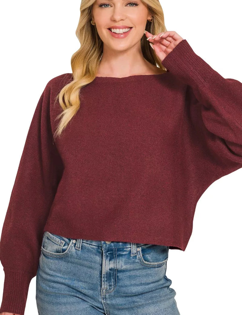 ZENANA Boat Neck Balloon Sleeve Sweater on Simply Obsessed