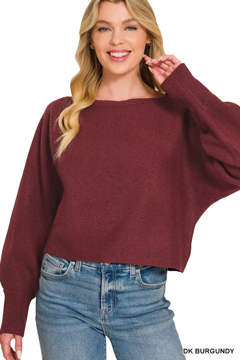 ZENANA Boat Neck Balloon Sleeve Sweater on Simply Obsessed