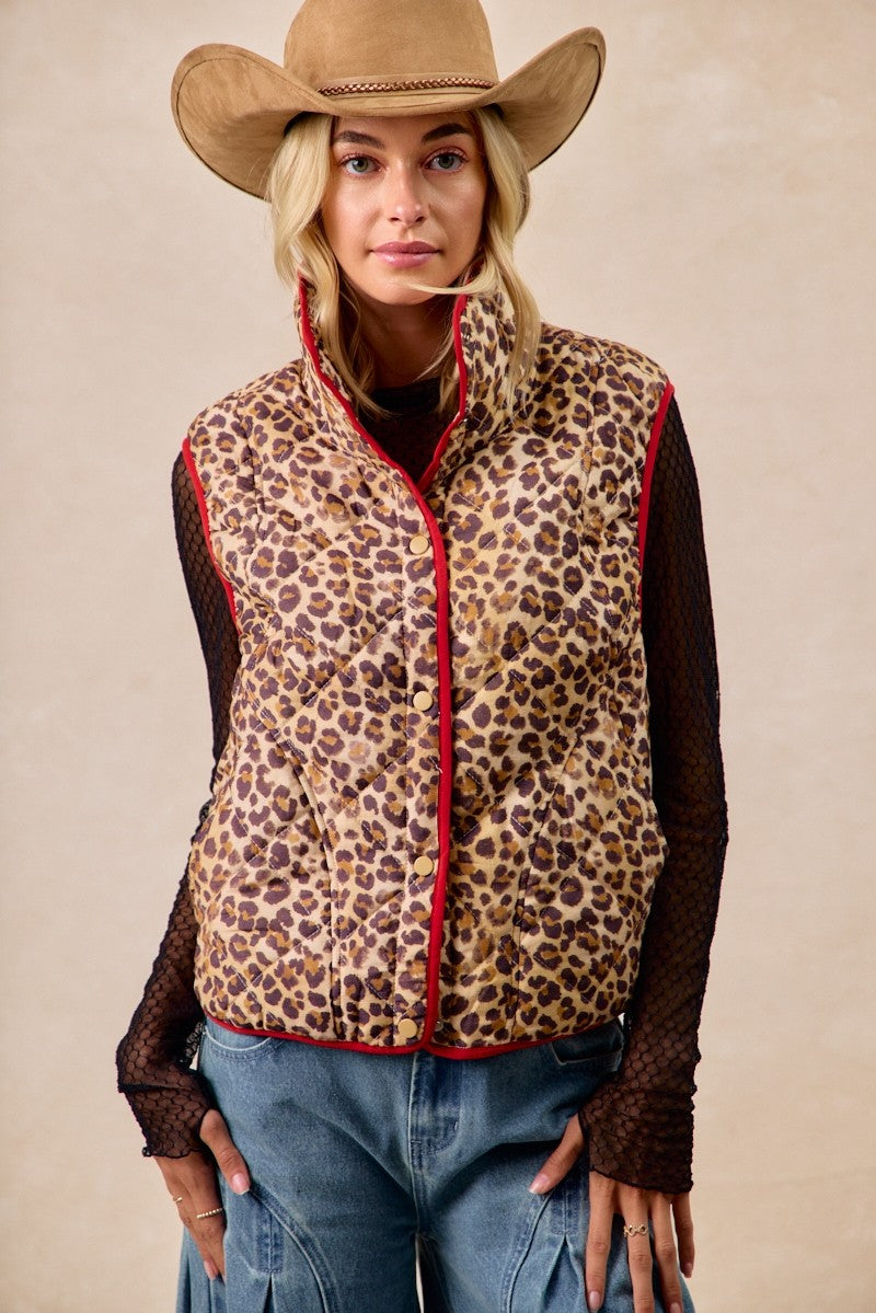 BIBI Leopard Print Piping Detail Quilted Vest on Simply Obsessed