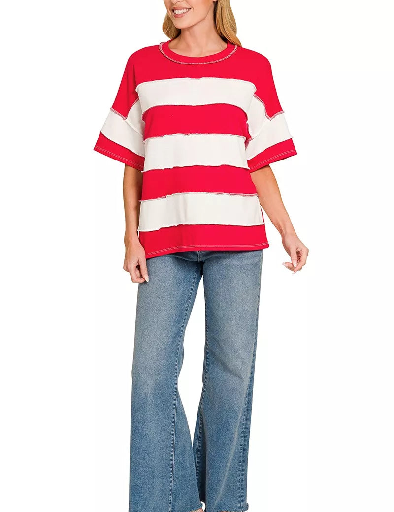 ZENANA French Terry Striped Exposed Seam Top on Simply Obsessed