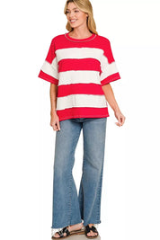 ZENANA French Terry Striped Exposed Seam Top on Simply Obsessed