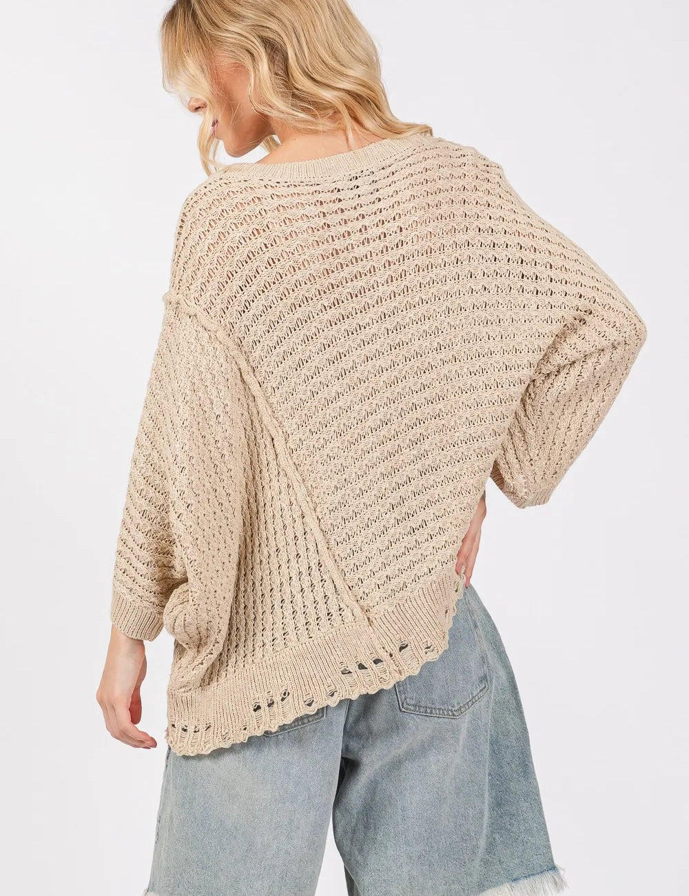 SAGE + FIG Distressed Asymmetrical Open Stitch Sweater on Simply Obsessed