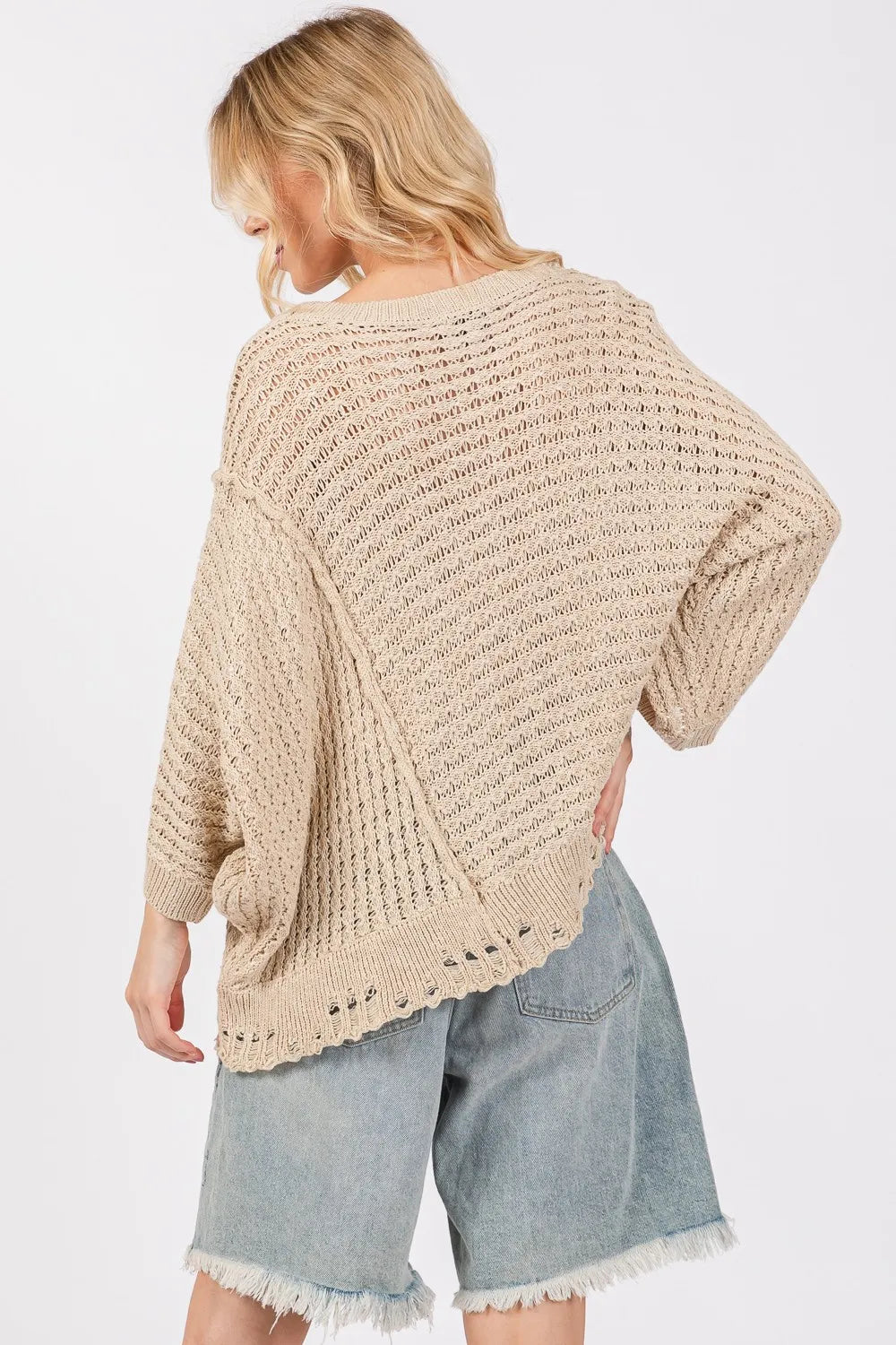 SAGE + FIG Distressed Asymmetrical Open Stitch Sweater on Simply Obsessed