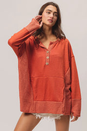 BiBi French Terry Knit Side Block Buttoned Henley Top on Simply Obsessed
