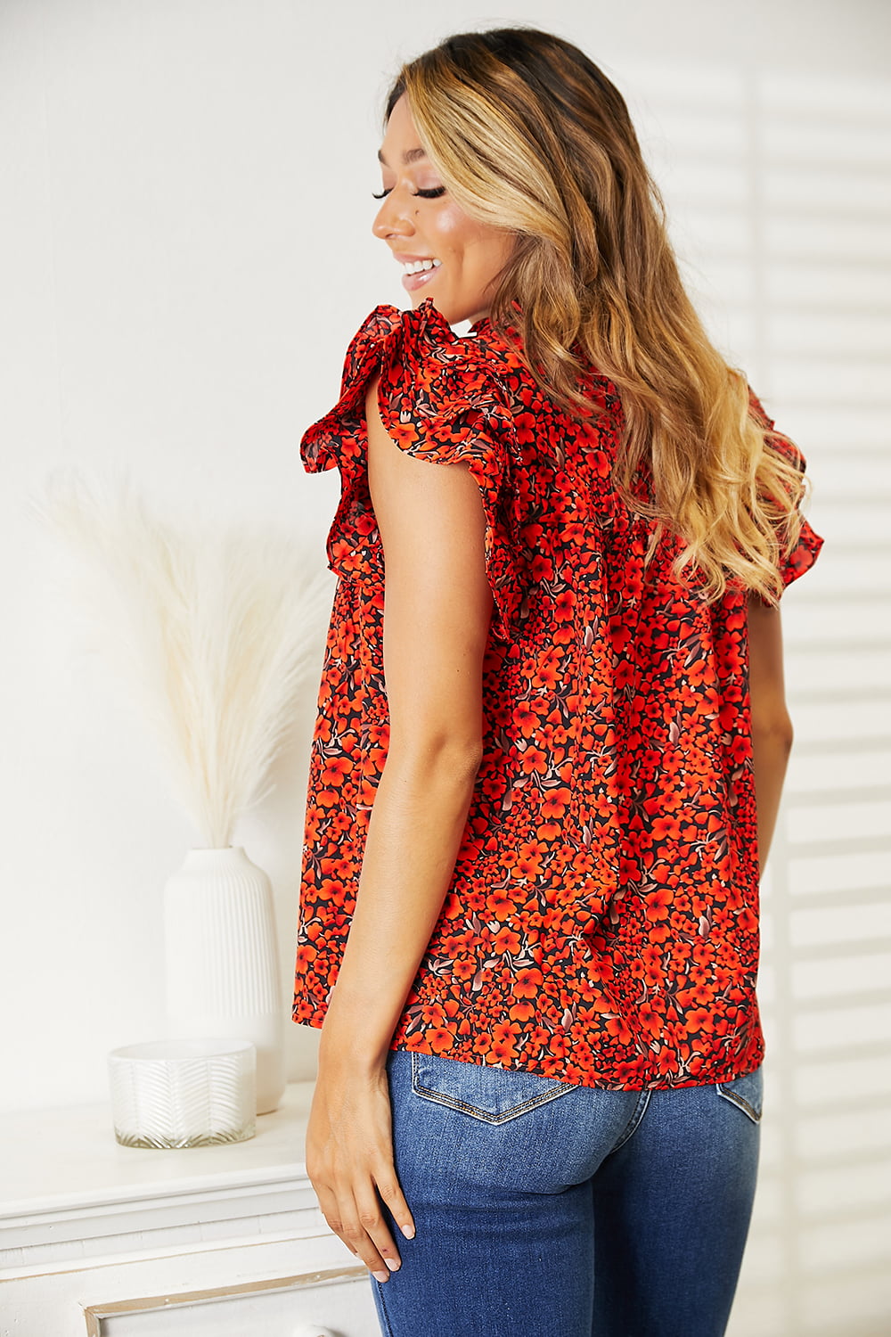 DOUBLE TAKE Floral Flutter Sleeve Notched Neck Blouse. **FALL DEBUT SALE** on Simply Obsessed