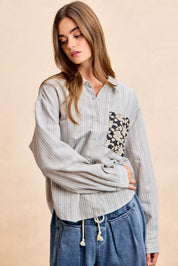 BiBi Flower Jacquard Knit Patch Pocket Stripe Shirt on Simply Obsessed