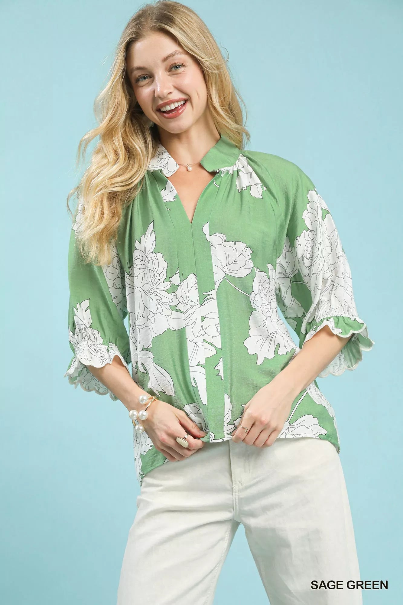 Umgee Peony Illustration Print Flounce Sleeve Blouse on Simply Obsessed