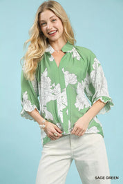 Umgee Peony Illustration Print Flounce Sleeve Blouse on Simply Obsessed